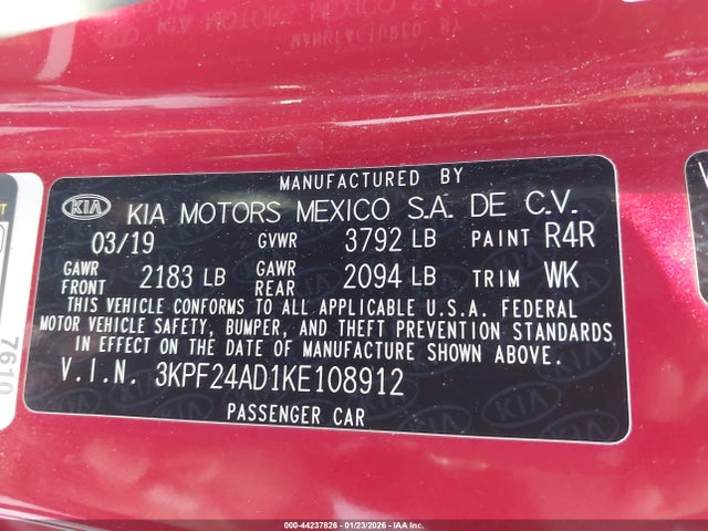 3KPF24AD1KE108912 KIA Forte Lxs