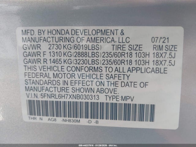2022 HONDA ODYSSEY 5FNRL6H7XNB030313 Photo 8