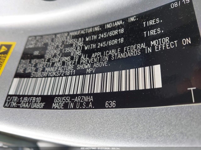 Aukcja sprzedaży 2019 Toyota Highlander Le, vin: 5TDBZRFH2KS721811, numer aukcji: 44237960