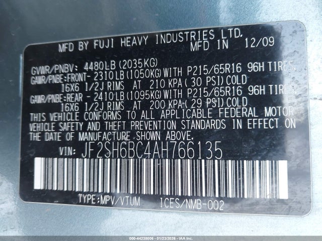 2010 Subaru Forester 2.5x მანქანა იყიდება აუქციონზე, vin: JF2SH6BC4AH766135, აუქციონის ნომერი: 44238006