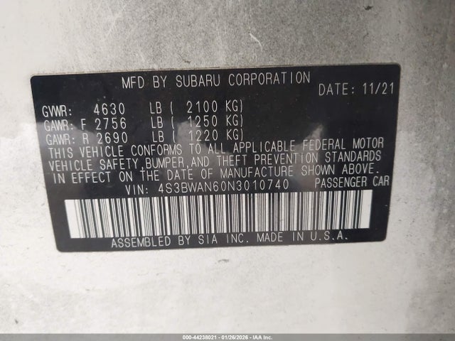 Subaru Legacy Limited 2022 4S3BWAN60N3010740 Image 9