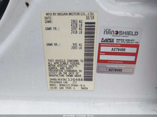 1N4BL4EV3KC120488 Nissan Altima 2.5 Sl