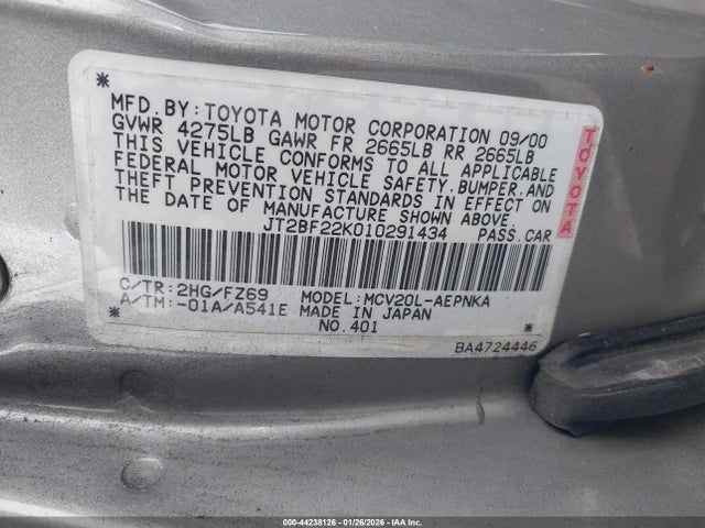 2001 TOYOTA CAMRY JT2BF22K010291434 Photo 8