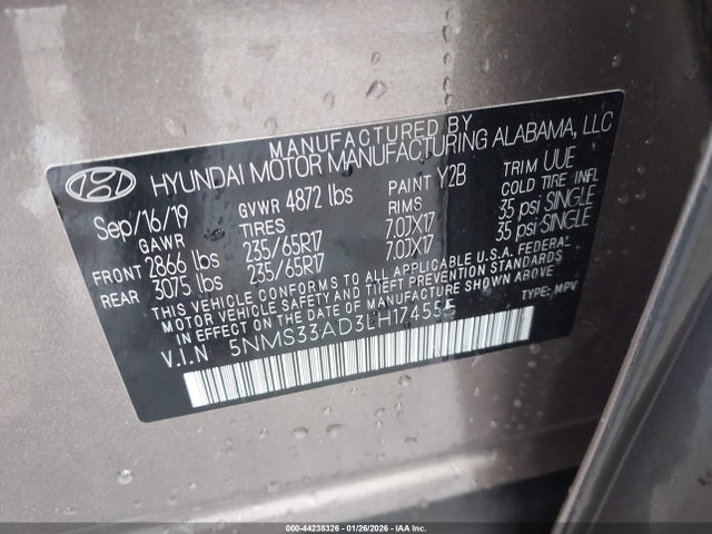 5NMS33AD3LH174555 Hyundai Santa Fe Sel