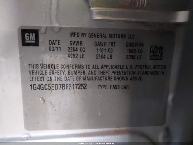 Aukcja sprzedaży 2011 Buick Lacrosse Cxl, vin: 1G4GC5ED7BF317252, numer aukcji: 44238336