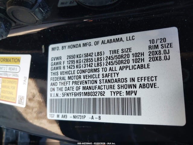5FNYF6H91MB032762 Honda Pilot Awd Touring 8 Passenger