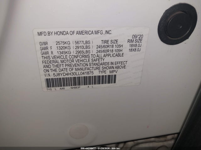 Aukcja sprzedaży 2020 Acura Mdx Standard, vin: 5J8YD4H30LL041875, numer aukcji: 44238477