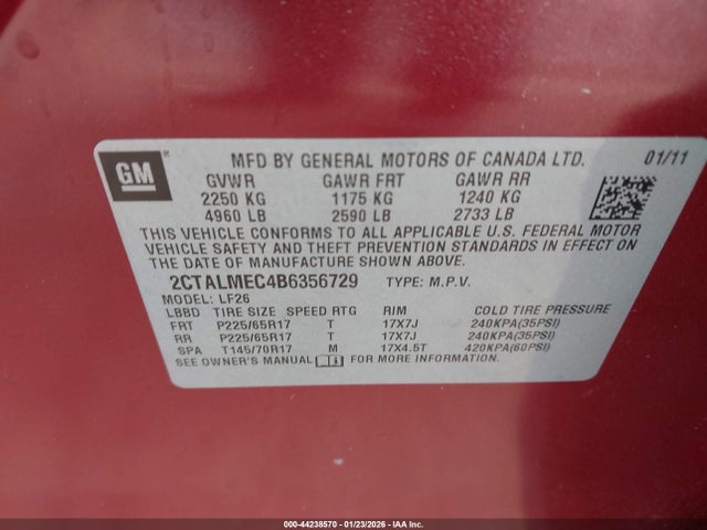 Aukcja sprzedaży 2011 Gmc Terrain Sle-1, vin: 2CTALMEC4B6356729, numer aukcji: 44238570