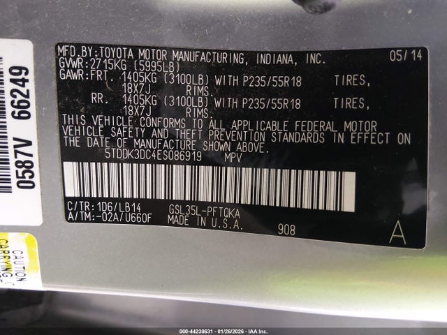 5TDDK3DC4ES086919 Toyota Sienna Xle 7 Passenger