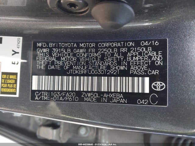 JTDKBRFU0G3012921 Toyota Prius Two