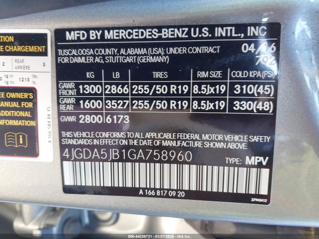 4JGDA5JB1GA758960 Mercedes-Benz GLE 350