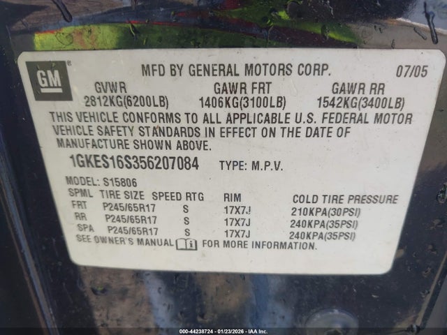 44238724 :رقم المزاد ، 1GKES16S356207084 vin ، 2005 Gmc Envoy Xl Sle مزاد بيع