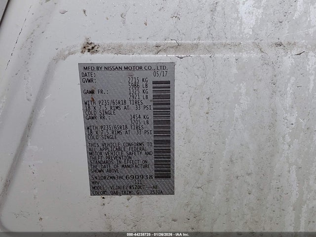 44238725 :رقم المزاد ، 5N1DR2MN3HC690938 vin ، 2017 Nissan Pathfinder Sv مزاد بيع
