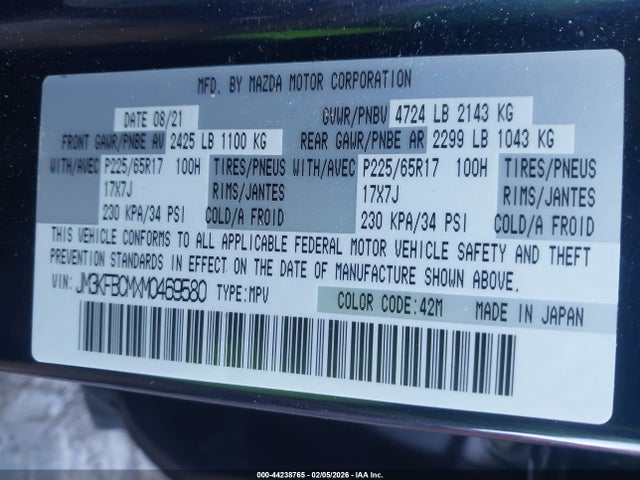 44238765 :رقم المزاد ، JM3KFBCMXM0469580 vin ، 2021 Mazda Cx-5 Touring مزاد بيع