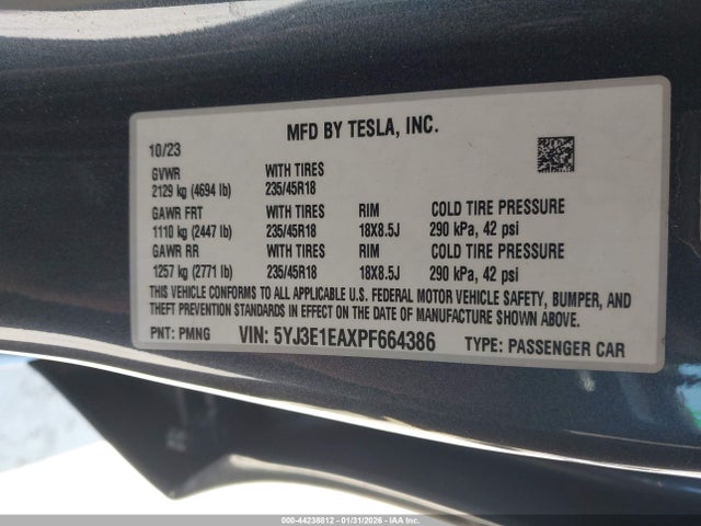 Продажа на аукционе авто 2023 Tesla Model 3 Rear-wheel Drive, vin: 5YJ3E1EAXPF664386, номер лота: 44238812