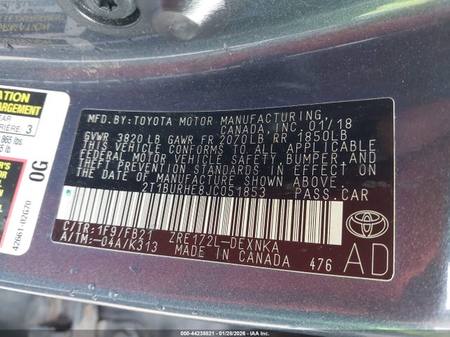 2T1BURHE8JC051853 Toyota COROLLA LE
