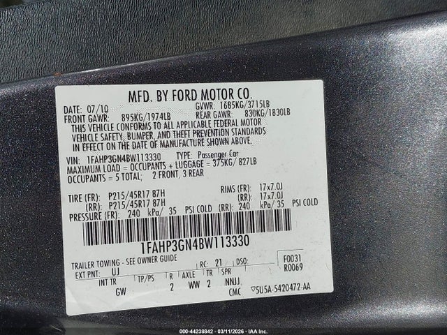 2011 Ford Focus Ses მანქანა იყიდება აუქციონზე, vin: 1FAHP3GN4BW113330, აუქციონის ნომერი: 44238842