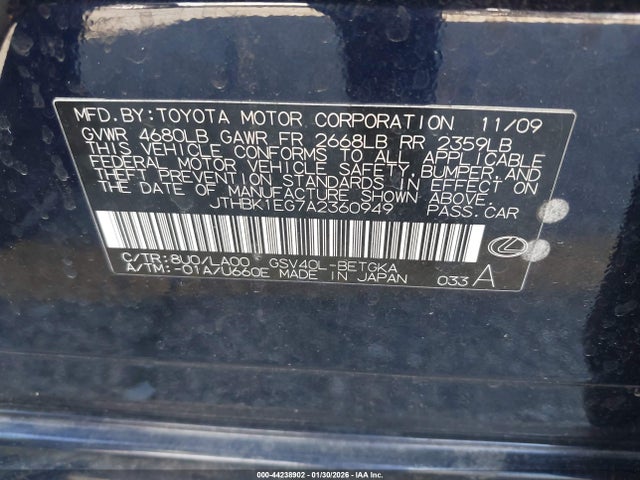 44238902 :رقم المزاد ، JTHBK1EG7A2360949 vin ، 2010 Lexus Es 350 مزاد بيع