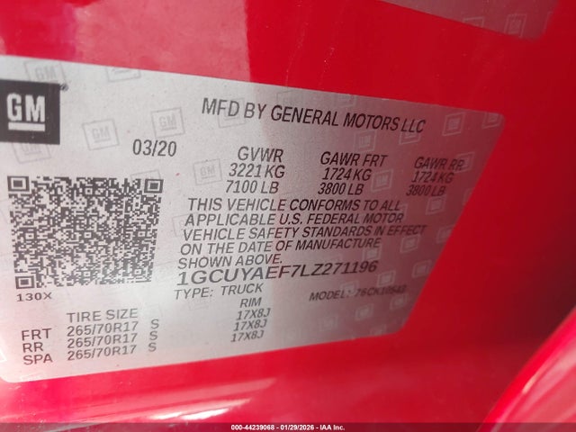 44239068 :رقم المزاد ، 1GCUYAEF7LZ271196 vin ، 2020 Chevrolet Silverado 1500 4wd  Short Bed Wt مزاد بيع