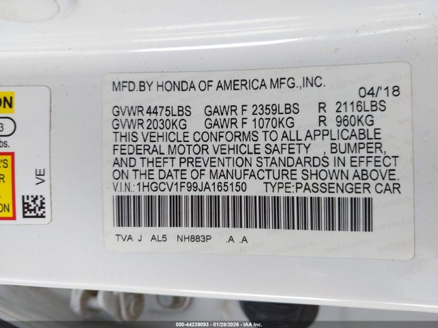 1HGCV1F99JA165150 Honda Accord Touring