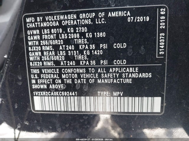 1V2XR2CA0KC592441 Volkswagen Atlas 3.6l V6 Se W/technology R-line