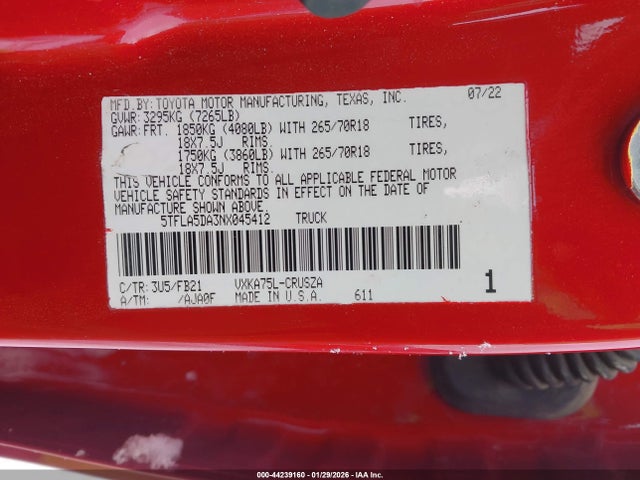 2022 Toyota Tundra Sr5 მანქანა იყიდება აუქციონზე, vin: 5TFLA5DA3NX045412, აუქციონის ნომერი: 44239160