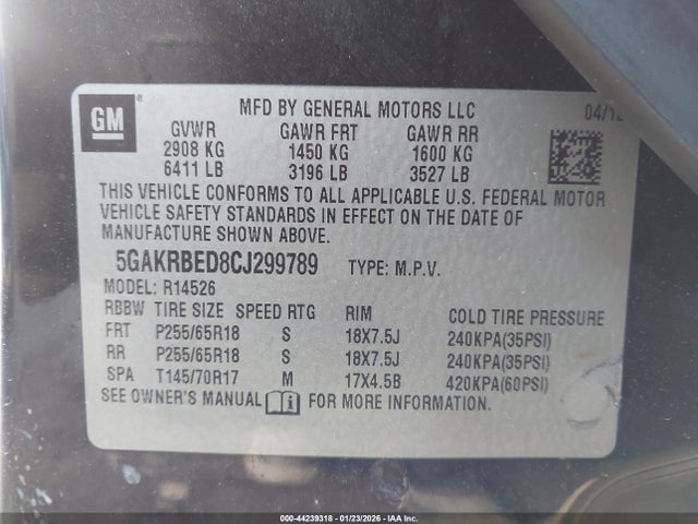 2012 Buick Enclave Convenience მანქანა იყიდება აუქციონზე, vin: 5GAKRBED8CJ299789, აუქციონის ნომერი: 44239318