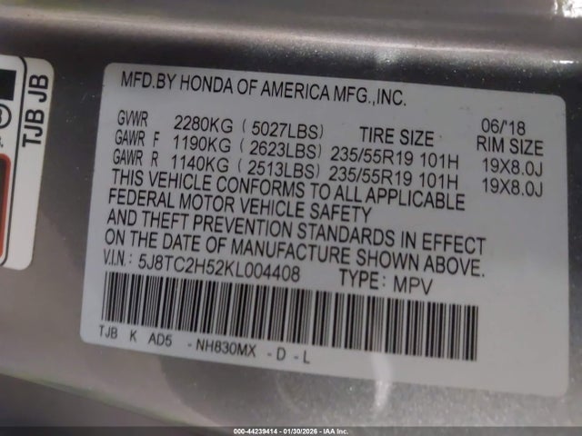 44239414 :رقم المزاد ، 5J8TC2H52KL004408 vin ، 2019 Acura Rdx Technology Package مزاد بيع