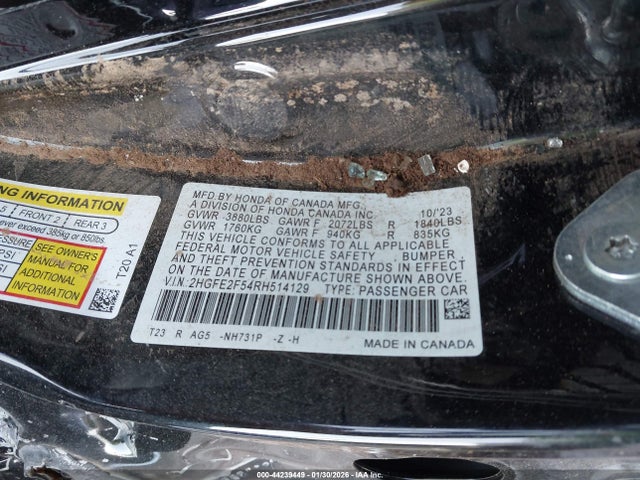 44239449 :رقم المزاد ، 2HGFE2F54RH514129 vin ، 2024 Honda Civic Sport مزاد بيع