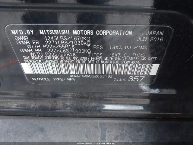 44239540 :رقم المزاد ، JA4AP4AW8GZ055192 vin ، 2016 Mitsubishi Outlander Sport 2.4 Sel مزاد بيع