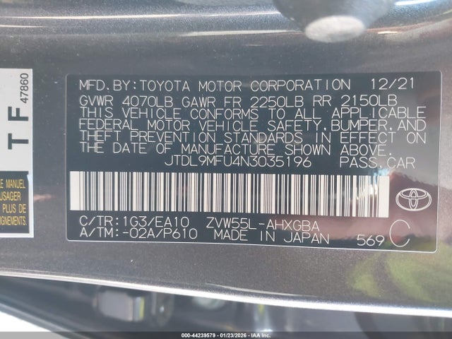 Aukcja sprzedaży 2022 Toyota Prius Xle Awd-e, vin: JTDL9MFU4N3035196, numer aukcji: 44239579