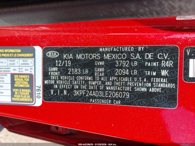 Aukcja sprzedaży 2020 Kia Forte Lxs, vin: 3KPF24AD3LE206079, numer aukcji: 44239629