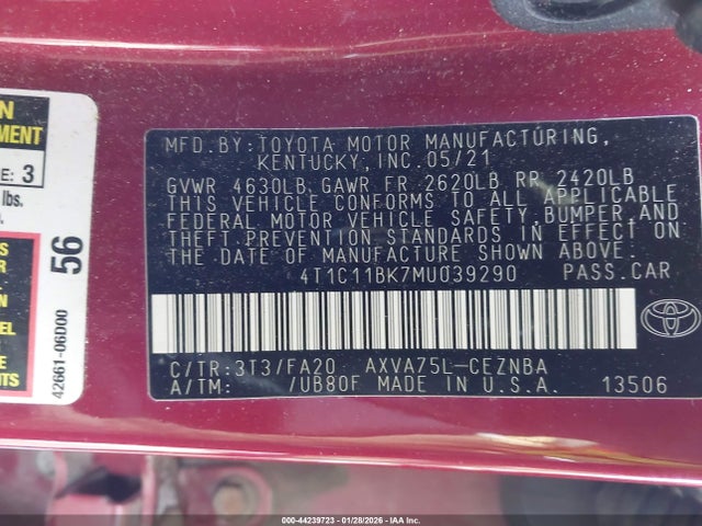 4T1C11BK7MU039290 Toyota Camry Le Awd