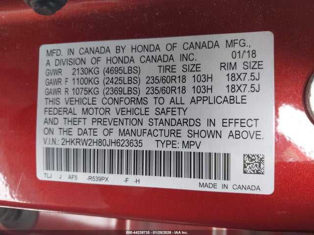 2HKRW2H80JH623635 Honda Cr-v Ex-l/ex-l Navi