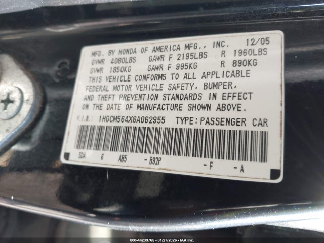 2006 Honda Accord 2.4 Lx მანქანა იყიდება აუქციონზე, vin: 1HGCM564X6A062955, აუქციონის ნომერი: 44239765