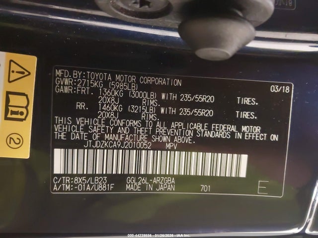 44239856 :رقم المزاد ، JTJDZKCA9J2010052 vin ، 2018 Lexus Rx 350l Premium مزاد بيع