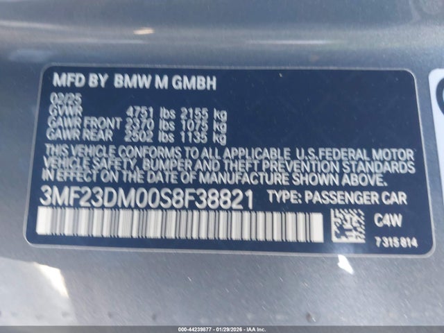 44239877 :رقم المزاد ، 3MF23DM00S8F38821 vin ، 2025 Bmw M2 مزاد بيع