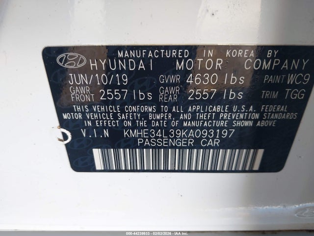 44239933 :رقم المزاد ، KMHE34L39KA093197 vin ، 2019 Hyundai Sonata Hybrid Limited مزاد بيع