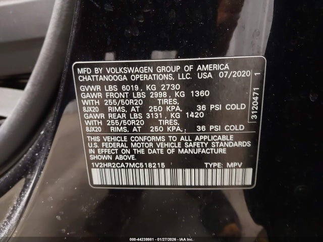 44239981 :رقم المزاد ، 1V2HR2CA7MC518215 vin ، 2021 Volkswagen Atlas 3.6l V6 Se W/technology مزاد بيع