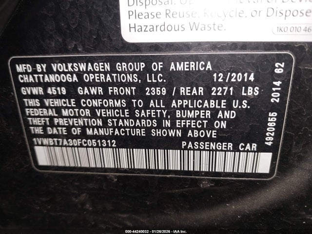 44240032 :رقم المزاد ، 1VWBT7A30FC051312 vin ، 2015 Volkswagen Passat 1.8t Se مزاد بيع