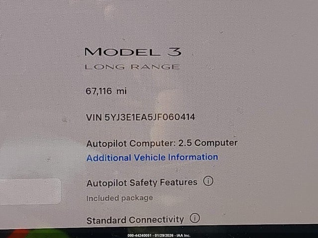 Продажа на аукционе авто 2018 Tesla Model 3 Long Range/mid Range, vin: 5YJ3E1EA5JF060414, номер лота: 44240051