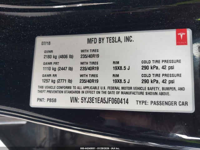 Продажа на аукционе авто 2018 Tesla Model 3 Long Range/mid Range, vin: 5YJ3E1EA5JF060414, номер лота: 44240051
