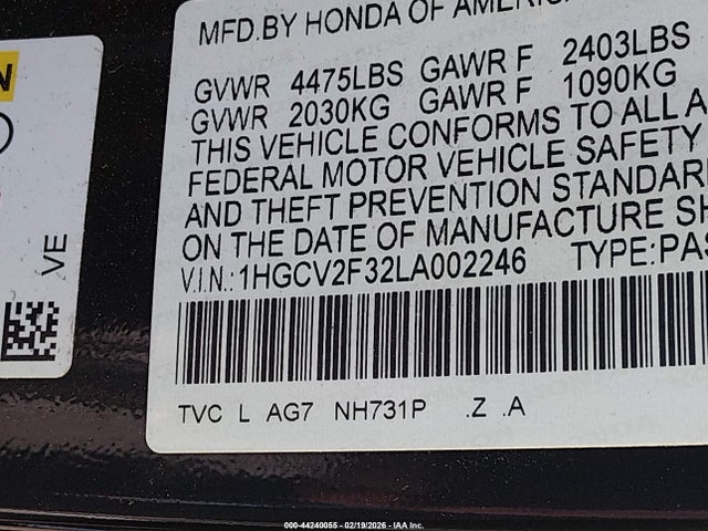 2020 Honda Accord Sport მანქანა იყიდება აუქციონზე, vin: 1HGCV2F32LA002246, აუქციონის ნომერი: 44240055