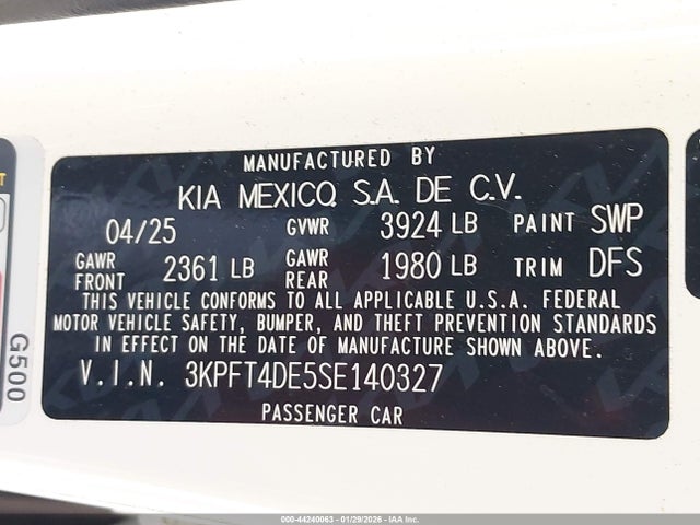 Aukcja sprzedaży 2025 Kia K4 Lxs, vin: 3KPFT4DE5SE140327, numer aukcji: 44240063
