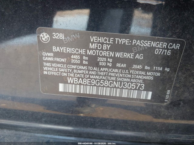 Aukcja sprzedaży 2016 Bmw 328i, vin: WBA8E9G58GNU30573, numer aukcji: 44240168