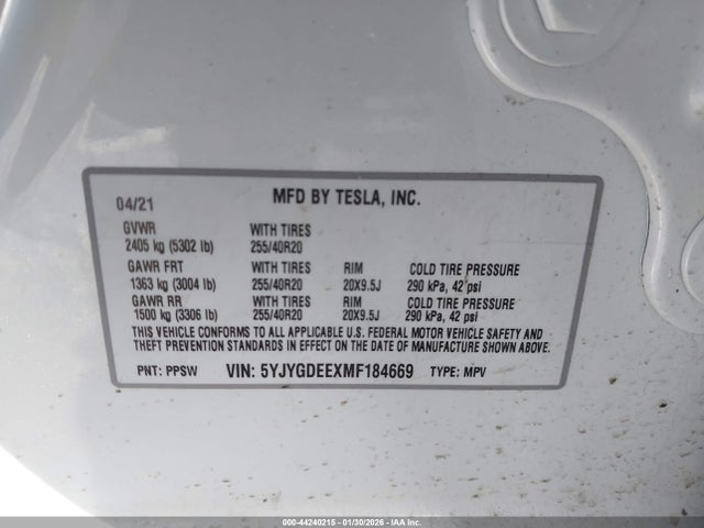 2021 Tesla Model Y Long Range Dual Motor All-wheel Drive მანქანა იყიდება აუქციონზე, vin: 5YJYGDEEXMF184669, აუქციონის ნომერი: 44240215