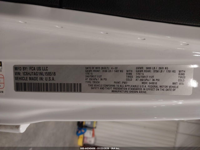 44240486 :رقم المزاد ، 1C6HJTAG1NL158518 vin ، 2022 Jeep Gladiator Sport 4x4 مزاد بيع