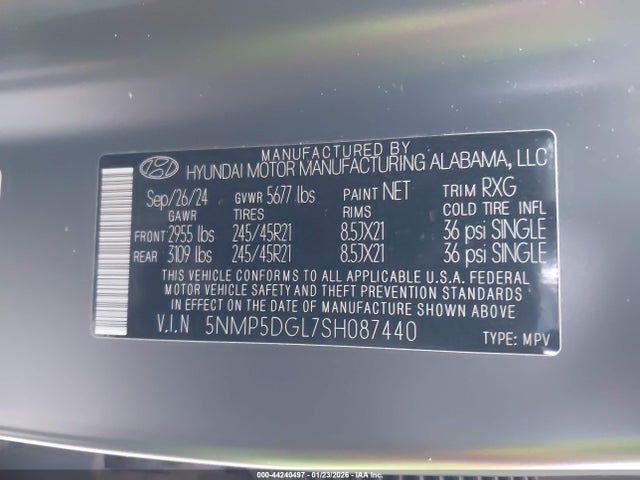 2025 Hyundai Santa Fe Calligraphy მანქანა იყიდება აუქციონზე, vin: 5NMP5DGL7SH087440, აუქციონის ნომერი: 44240497