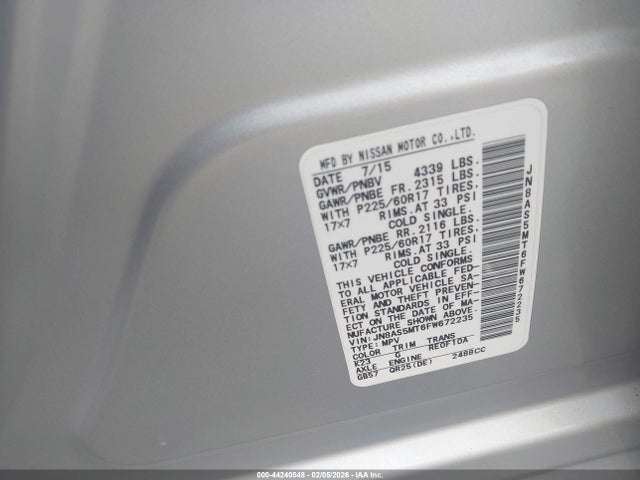 JN8AS5MT6FW672235 Nissan Rogue Select S