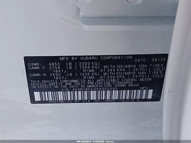 Aukcja sprzedaży 2025 Subaru Outback Onyx Edition, vin: 4S4BTALC0S3302090, numer aukcji: 44240576